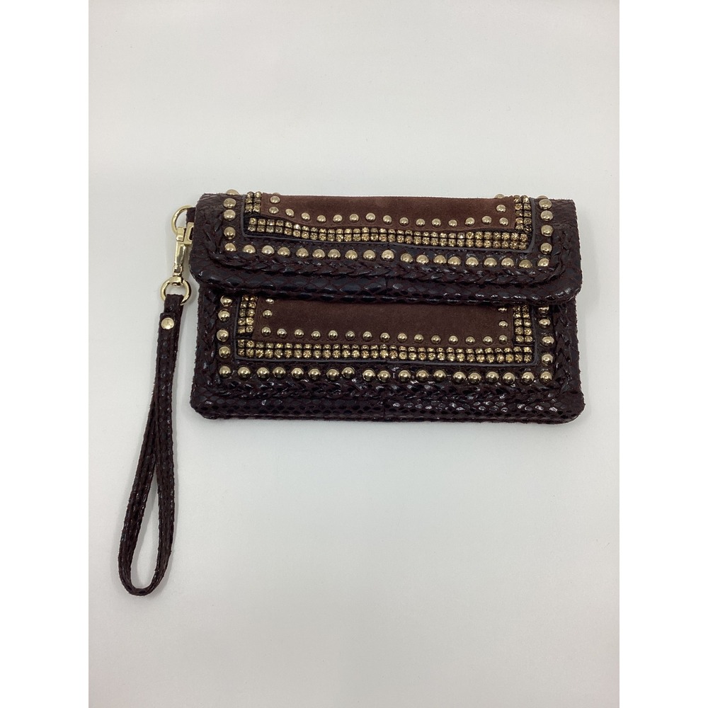 Cache Brown Snakeskin Suede Studded Rhinestone Foldover Wristlet Clutch Bag Y2K